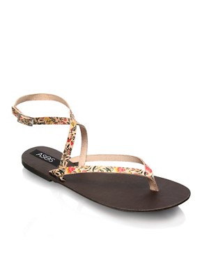 Floral Printed Leather Flat Sandals