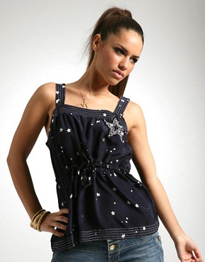 Yumi Silk Star Print Cami With Embroidered Star