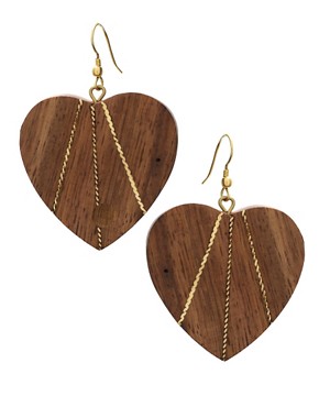 Gold Stripe Wood Heart Earring