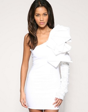 Aqua Couture Asymmetric Sequin Sleeve Stretch Dress
