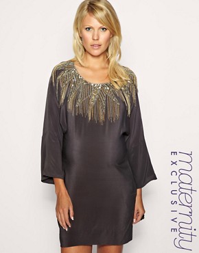 Image 1 of French Connection Maternity Bugle Bead Embellished Neck Shift Exclusive to ASOS