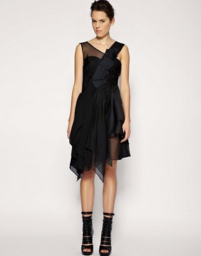 Image 1 of ASOS BLACK Silk Mix Asymmetric Pleat & Ruffle Dress