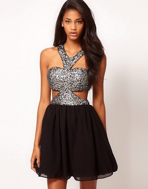 Image 1 of Rare Sequin Chiffon Cut Out Skater Dress