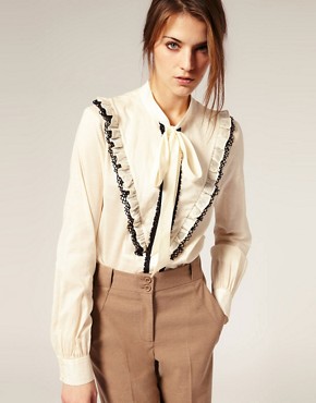 Image 1 of ASOS Cotton Lace Trim Pussybow Blouse