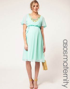 Image 1 of ASOS Maternity Exclusive Dress With Embellishment And Fluted Sleeves