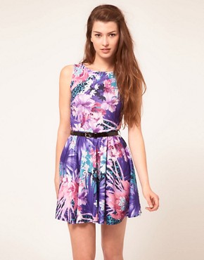 Image 1 of Club L Tropical Print Skater Dress With Belt