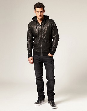 Image 4 of Diesel Sweleat Hooded Leather Bomber Jacket
