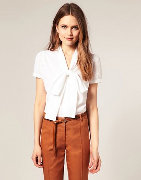 Image 1 of ASOS Short Sleeve Pussybow Cotton Blouse