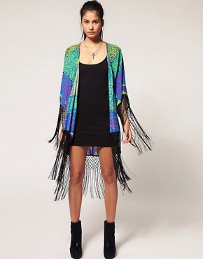 Image 1 of Reverse Kaftan with Fringing in Techno Tribal Print