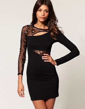 Image 1 of ASOS Bodycon Dress with Circle Sequin Mesh Sleeve