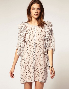 Image 1 of Vero Moda Very Abstract Print Frill Shoulder Sheer Dress