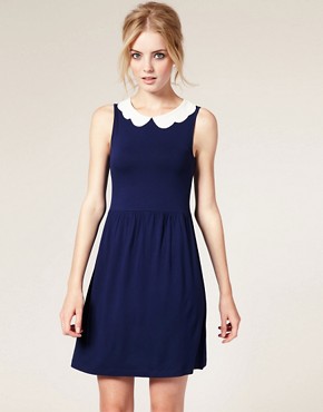 Image 1 of ASOS Waisted Dress with Scallop Collar