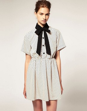 Image 1 of ASOS Pussy Bow Dress with Black Spot Collar