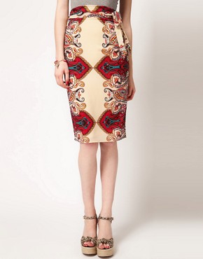 Image 4 of Warehouse Scarf Print Pencil Skirt
