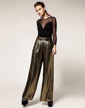 Image 1 of ASOS Revive Palazzo Trousers in Gold Metallic Jacquard