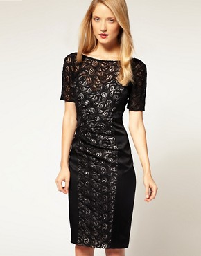 Image 1 of Karen Millen Fitted Dress In Lace With Jacquard Binding