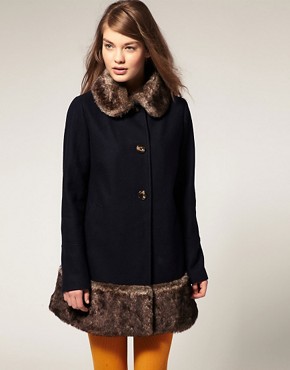 Image 1 of ASOS Coat With Faux Fur Collar and Hem