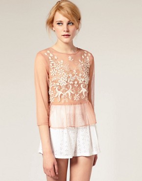 Image 1 of ASOS Embroidered Tiered Hem Top