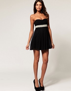 Image 4 of ASOS Mesh Strapless Dress With Pearl Waist Trim
