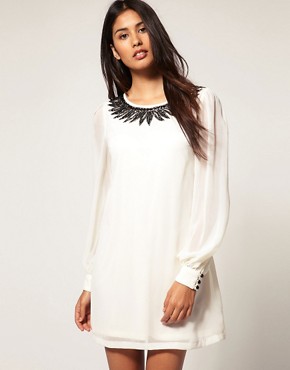 Image 1 of Rise Jewelled Neckline Sheer Sleeve Dress