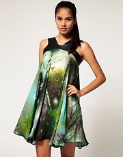 Aqua 'Swinger' PU Panelled Neck Printed Dress