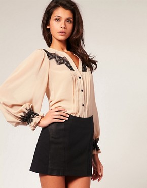 Image 1 of Lipsy Pin Tuck Blouse With Contrast Lace Trim 