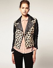 ASOS Leather Biker With Leopard Pony Effect Panel
