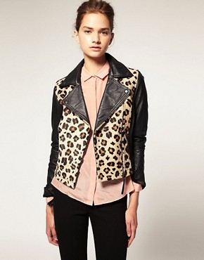 Image 1 of ASOS Leather Biker With Leopard Pony Effect Panel