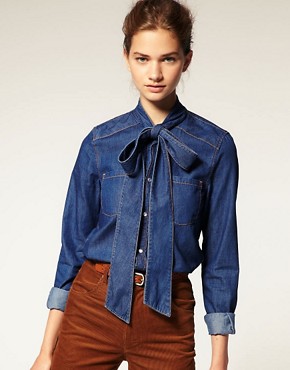 Image 1 of ASOS Pussy Bow Denim Blouse