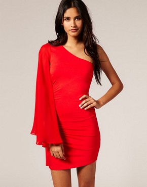 Image 1 of ASOS One Shoulder Bodycon Dress with Chiffon Sleeve