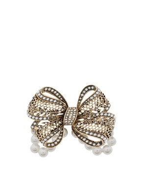 Image 1 of ASOS Double Finger Bow Ring On Stretch Pearls