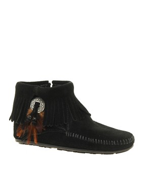 Image 1 of Minnetonka Concho Feather Side Zip Black Ankle Boots