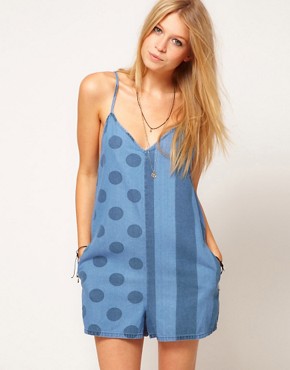 Image 1 of ASOS Denim Low Back Playsuit in Spot and Stripe