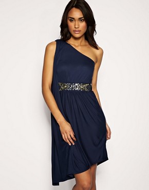 Image 1 of ASOS Embellished Waist Drape One Shoulder Dress