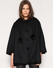 French Connection FC72 Hooded Wool Mix Cape With Pom Pom Detail