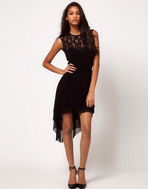 Image 1 of ASOS Dress in Mesh And Lace With Dipped Hem